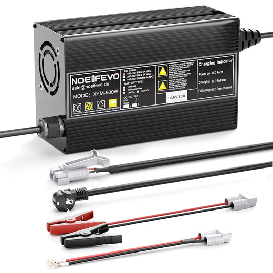 Chargeur de batterie Noeifevo 14,6 V 20 A pour batteries lithium LiFePO4 12 V et 12,8 V, activation BMS 0 V, arrêt automatique, boîtier en alliage d'aluminium