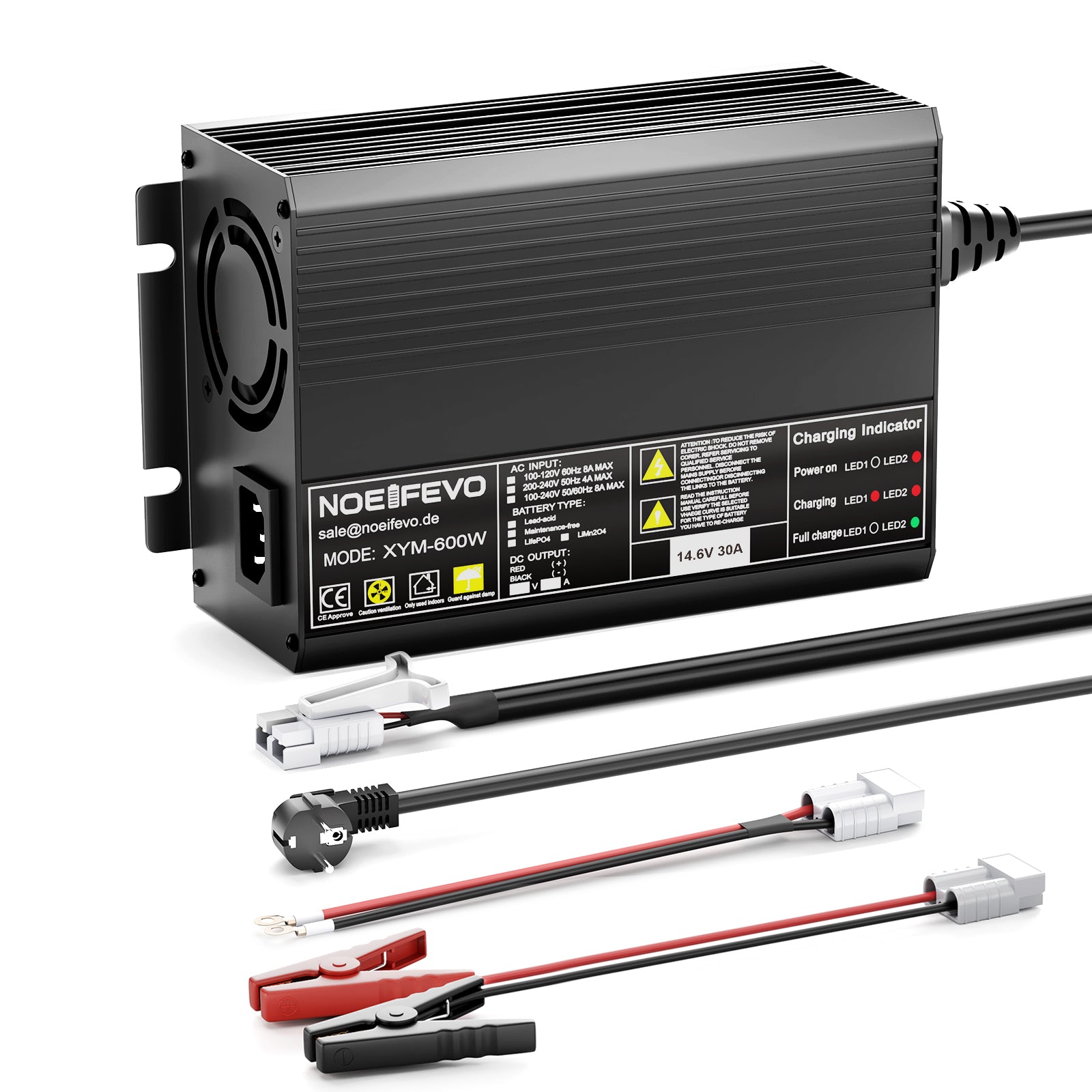 Noeifevo 12V 12.8V 30A Lithium LiFePO4 Akku Ladegerät, Ladespannung 14,6V, 0V BMS-Aktivierung, automatische Abschaltung, Aluminiumgehäuse