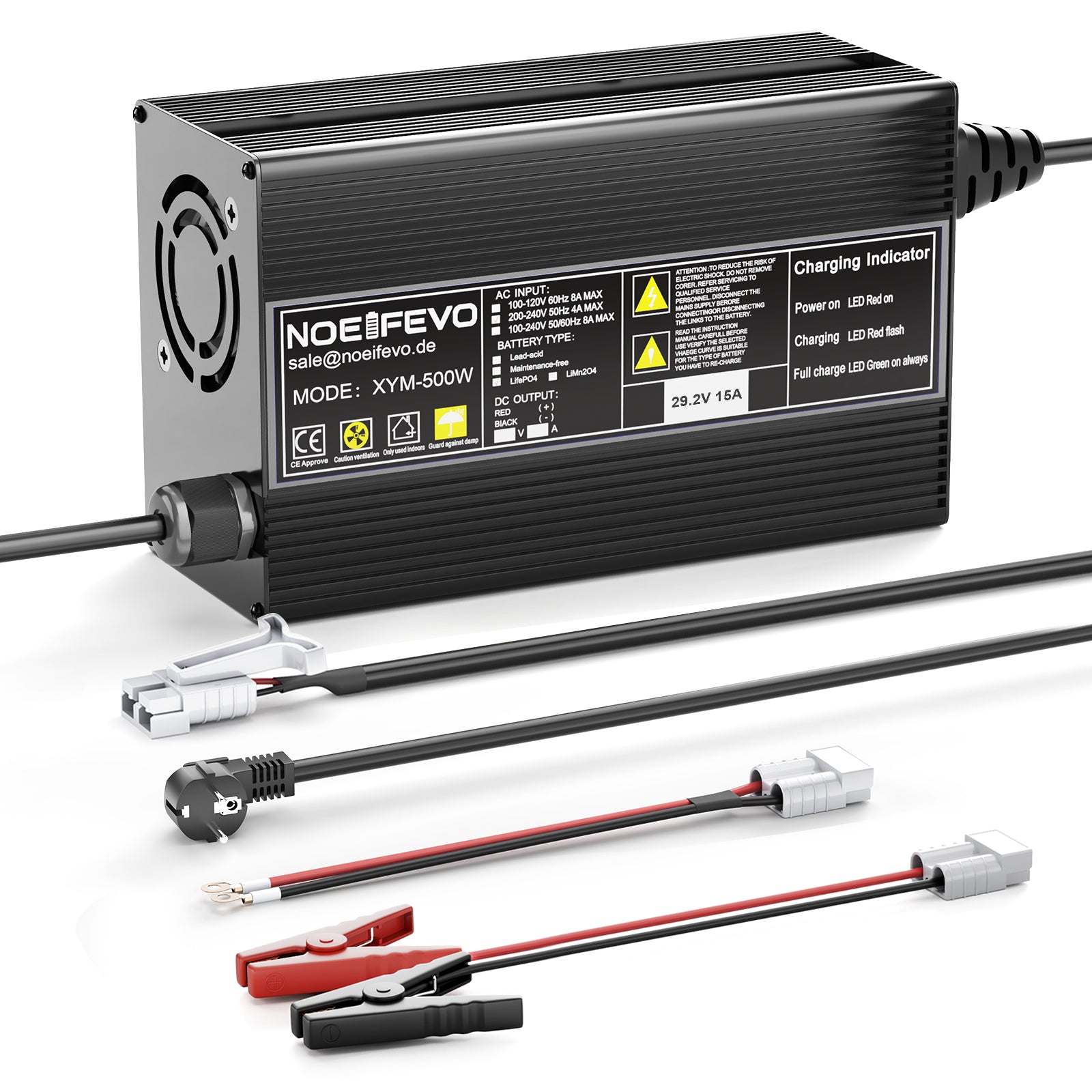 Noeifevo 29.2V 15A LiFePO4 Akku Ladegerät für 24V 25.6V Lithium Batterie,0V BMS Aktivieren, Automatische Abschaltung mit Vollschutz