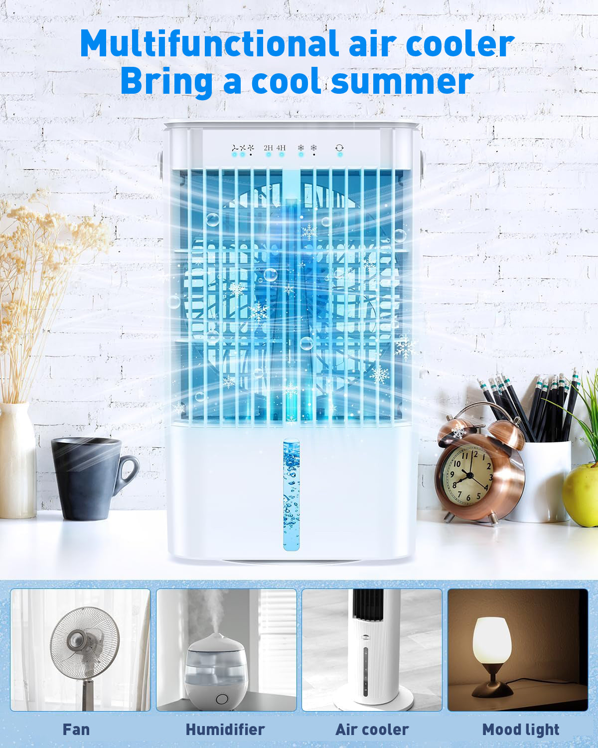 Mobile Klimaanlage 4 in 1, energiesparender Mini-Luftkühler mit großem Wassertank (1200 ml), 3-stufiger Verdunstungskühlung, 7-Farben-LED, Timer und geringer Geräuschentwicklung für Homeoffice und Schlafzimmer