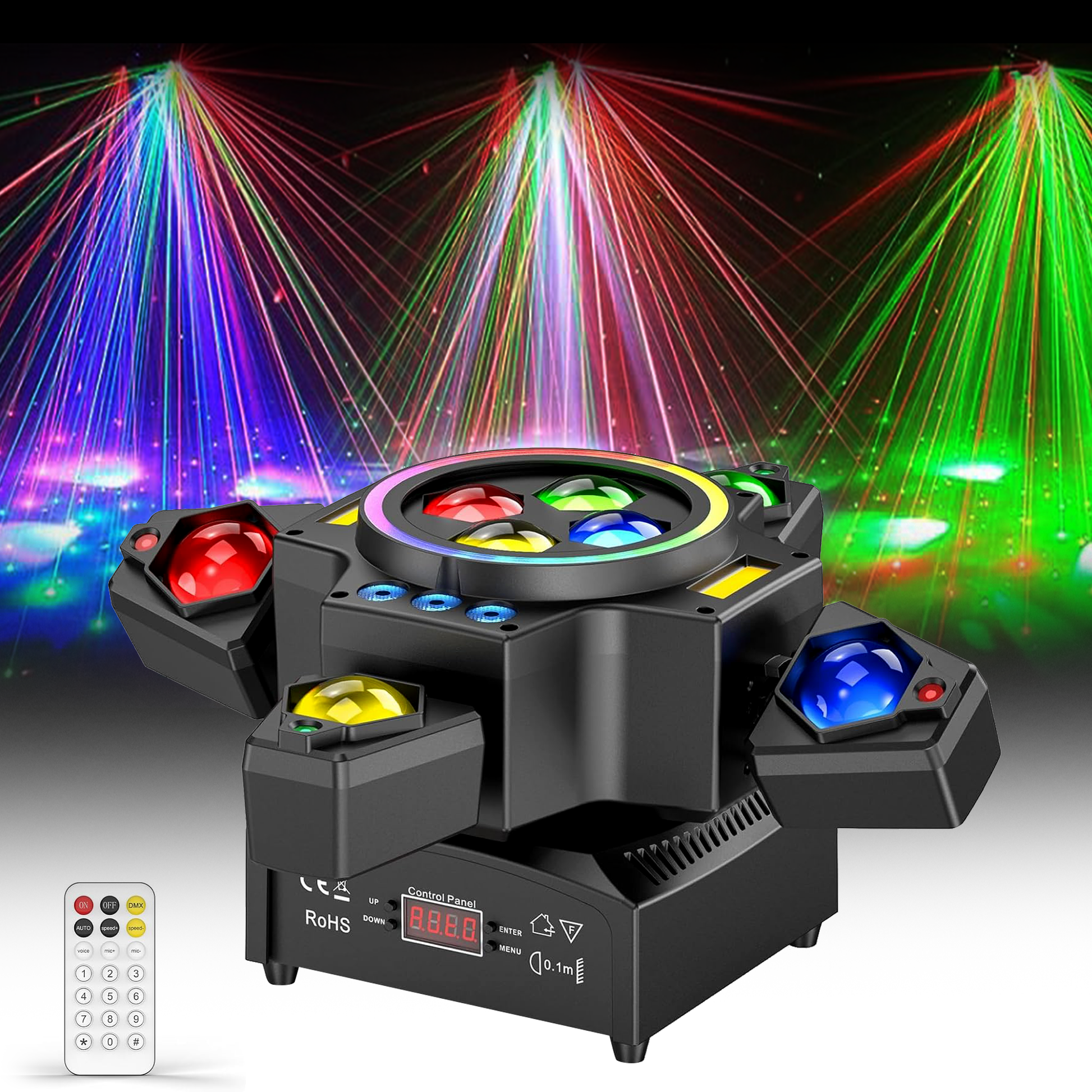 Luz de escenario 4 en 1 RGBW de 120W, efecto de iluminación Moving Head, luz láser, foco para fiesta con mando a distancia para discoteca, DJ, bar y cumpleaños