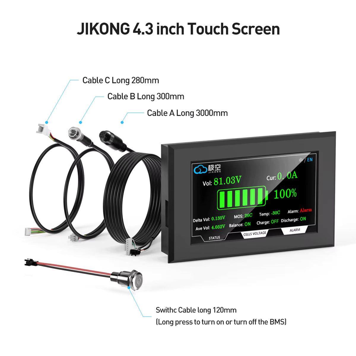 Batterie-Display 4,3-Zoll LCD-TFT-Bildschirm – Spannungs-, Strom-, SOC- und Temperaturanzeige, Touchscreen – Für Jikong BMS (88,5 × 135,9 mm)