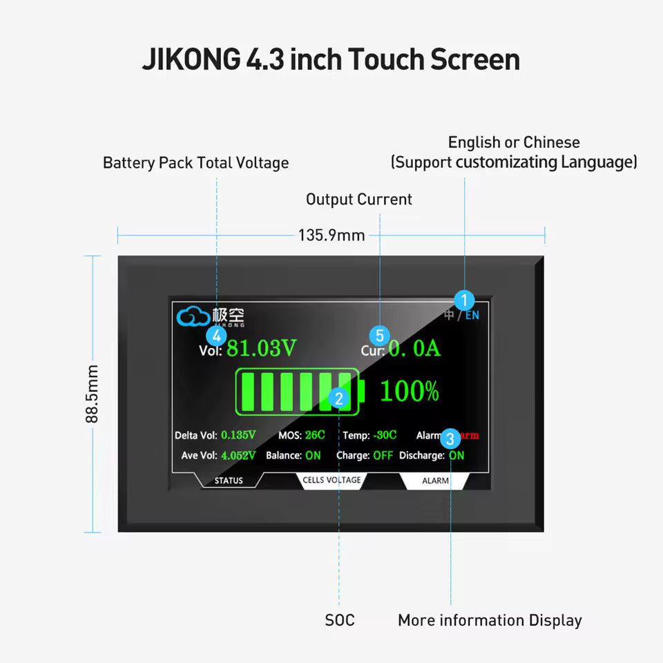 Batterie-Display 4,3-Zoll LCD-TFT-Bildschirm – Spannungs-, Strom-, SOC- und Temperaturanzeige, Touchscreen – Für Jikong BMS (88,5 × 135,9 mm)