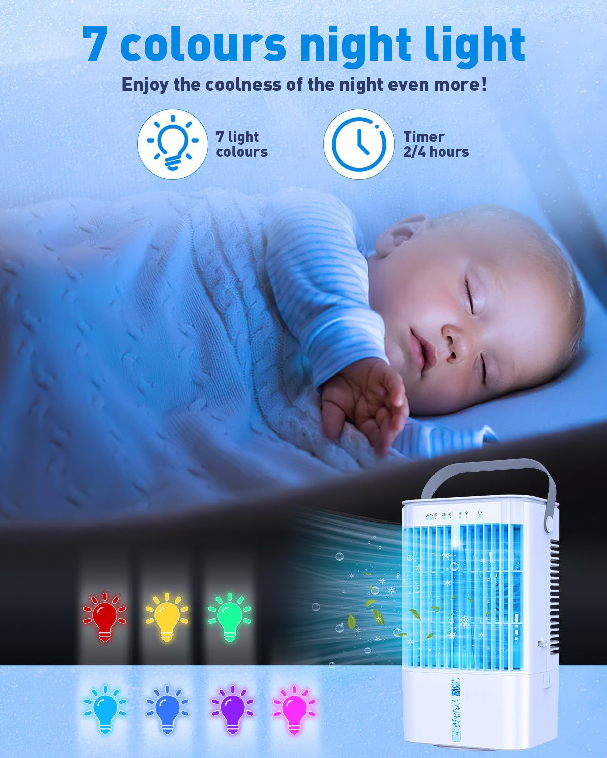 Mobile Klimaanlage 4 in 1, energiesparender Mini-Luftkühler mit großem Wassertank (1200 ml), 3-stufiger Verdunstungskühlung, 7-Farben-LED, Timer und geringer Geräuschentwicklung für Homeoffice und Schlafzimmer