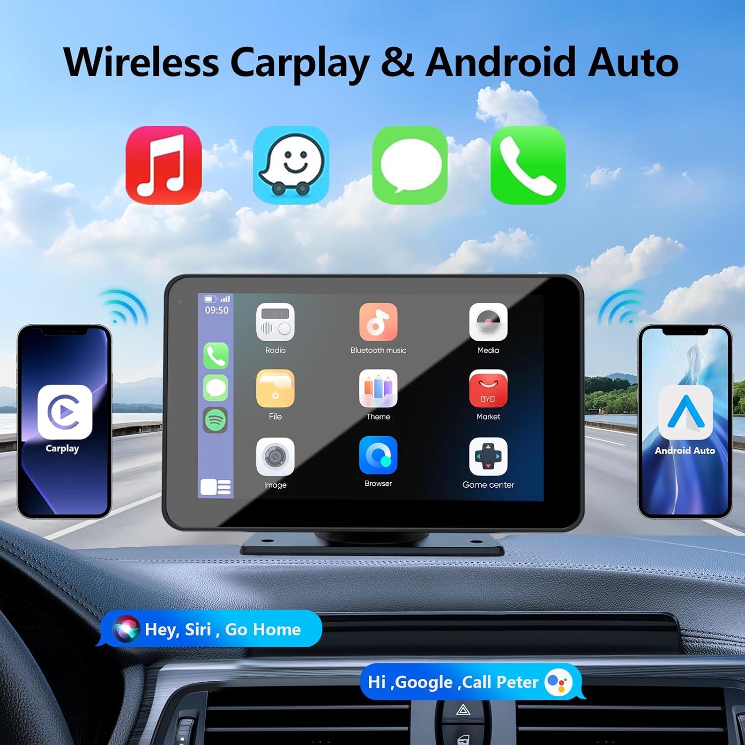 Kabelloses CarPlay für Fahrzeuge, 7" HD Tragbares  GPS-Navigation Auto-Stereo-Touchscreen mit Apple CarPlay, Android Auto, Rückfahrkamera, Auto-Audio-Empfänger mit Sprachsteuerung, Mirror Link, Bluetooth