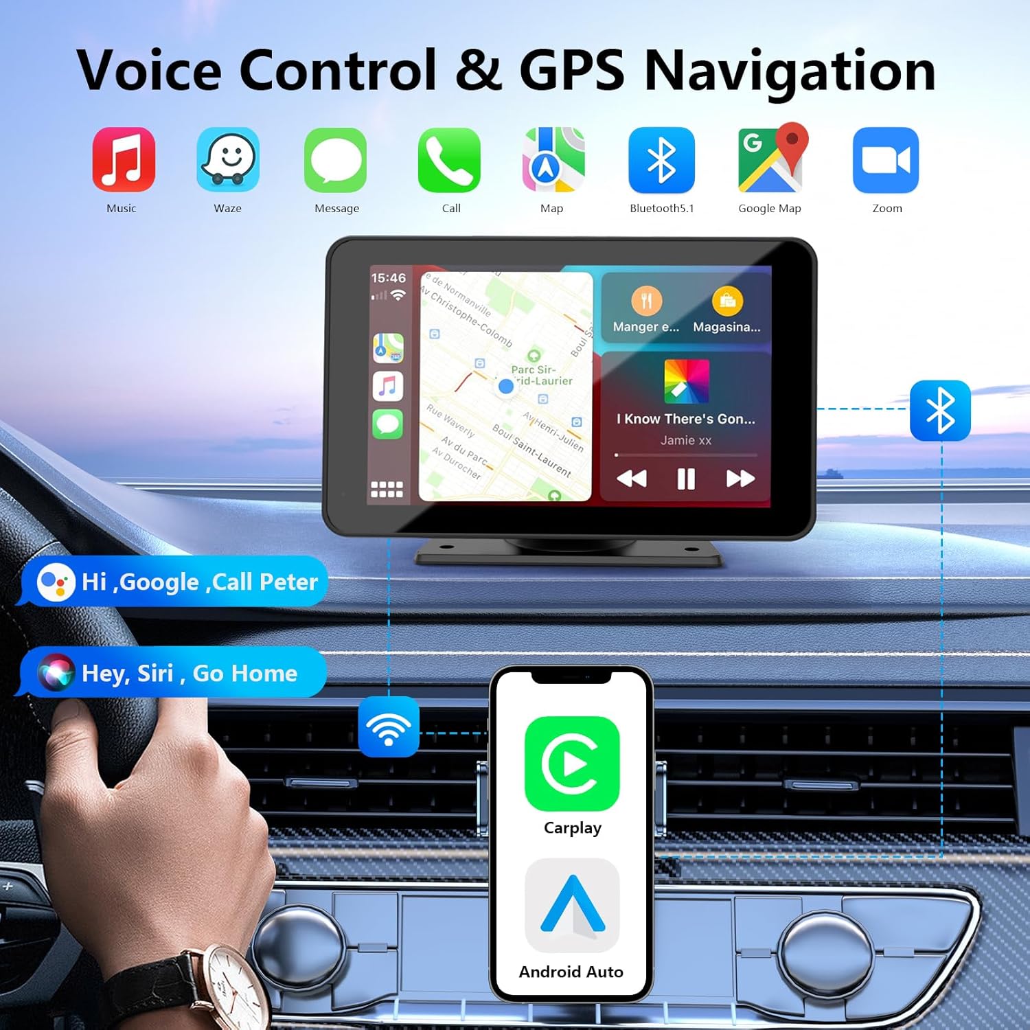 Kabelloses CarPlay für Fahrzeuge, 7" HD Tragbares  GPS-Navigation Auto-Stereo-Touchscreen mit Apple CarPlay, Android Auto, Rückfahrkamera, Auto-Audio-Empfänger mit Sprachsteuerung, Mirror Link, Bluetooth