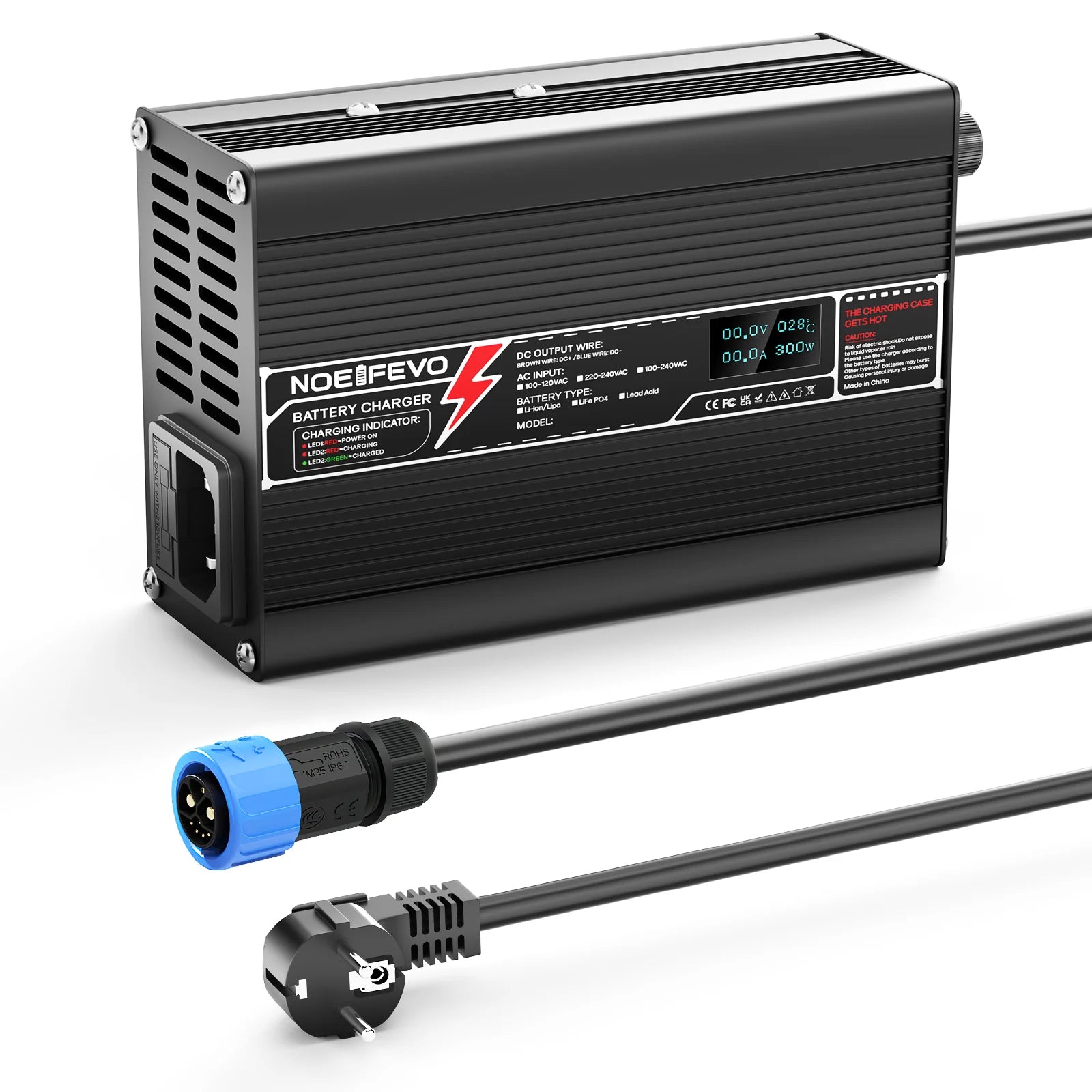 NOEIFEVO 51.2V 5A Lithium LiFePO4 Batterieladegerät, Ladespannung 58.4V, mit Lüfter, Aluminium-Gehäuse,LCD Bildschirm
