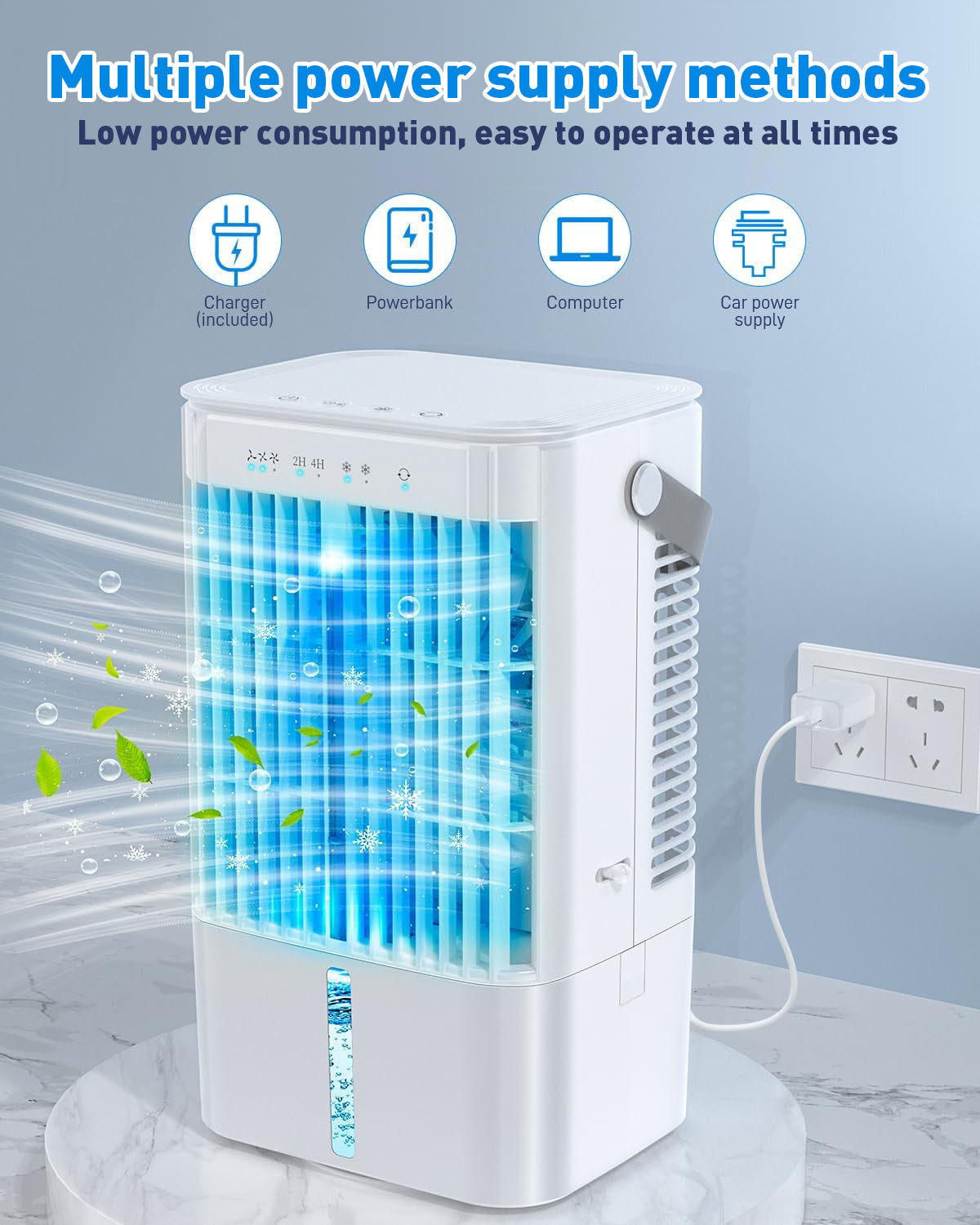 Mobile Klimaanlage 4 in 1, energiesparender Mini-Luftkühler mit großem Wassertank (1200 ml), 3-stufiger Verdunstungskühlung, 7-Farben-LED, Timer und geringer Geräuschentwicklung für Homeoffice und Schlafzimmer