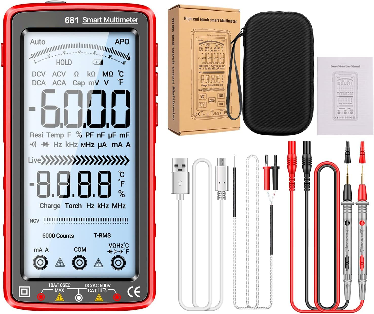 681 Digitales Multimeter, Multifunktionsmessgerät, wiederaufladbar, AC/DC Spannung, berührungsloser Spannungsprüfer, LCD Bildschirm, Stromprüfer