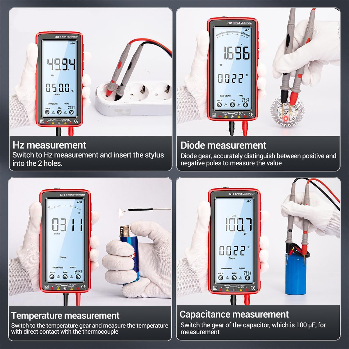 681 Digitales Multimeter, Multifunktionsmessgerät, wiederaufladbar, AC/DC Spannung, berührungsloser Spannungsprüfer, LCD Bildschirm, Stromprüfer