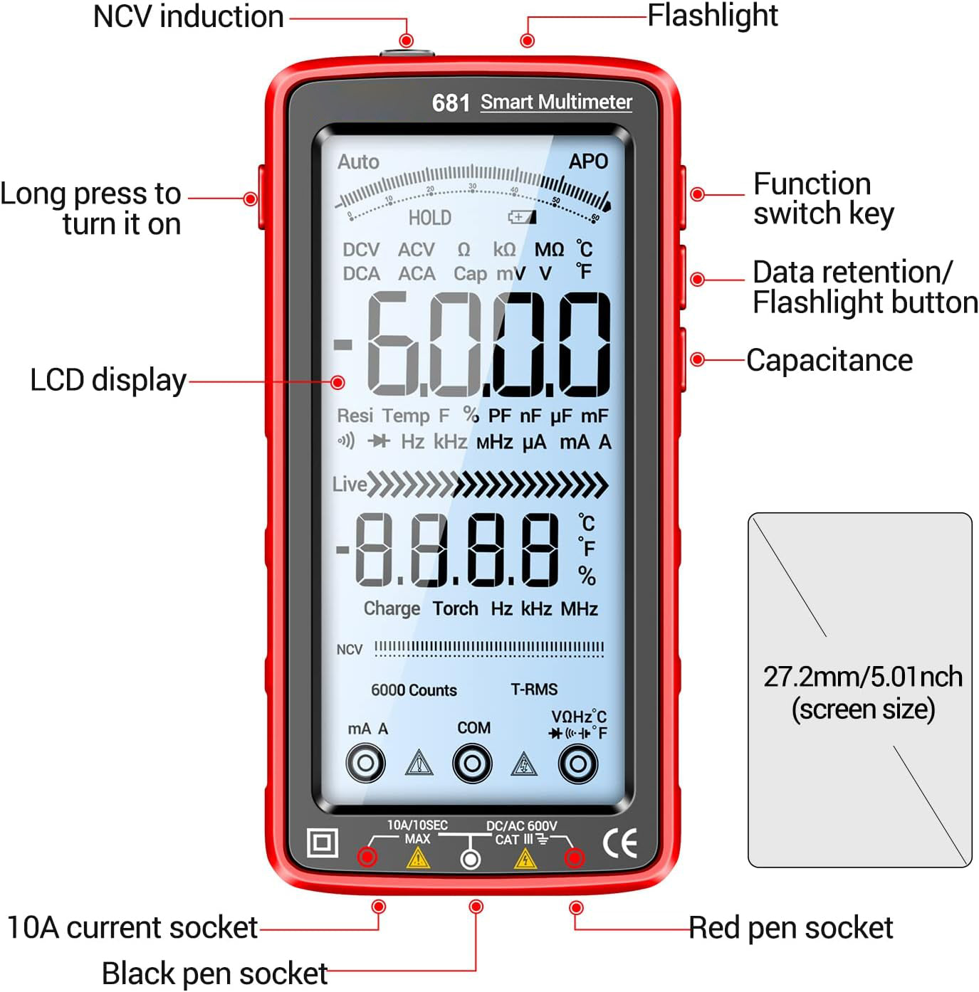 681 Digitales Multimeter, Multifunktionsmessgerät, wiederaufladbar, AC/DC Spannung, berührungsloser Spannungsprüfer, LCD Bildschirm, Stromprüfer