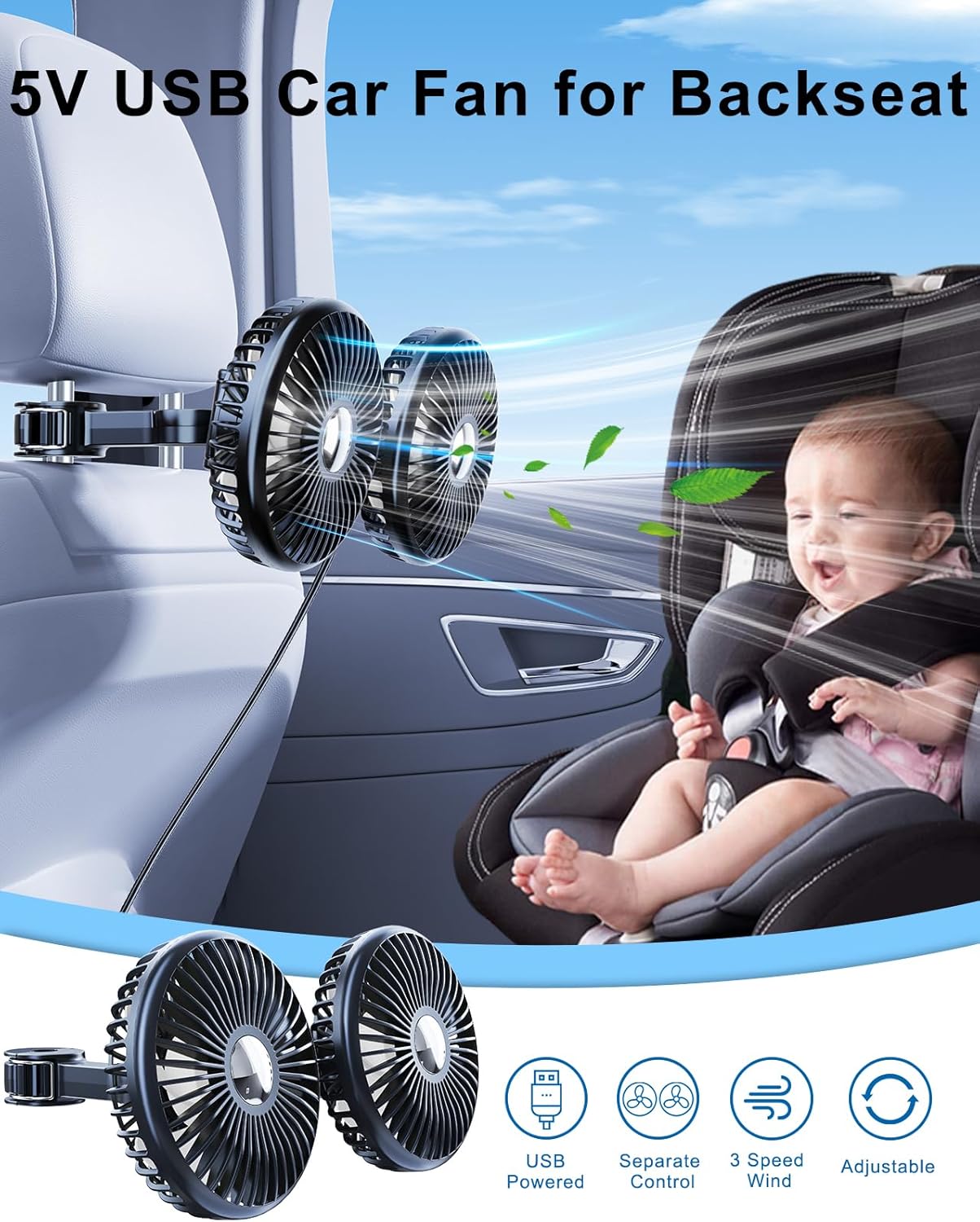 Auto Ventilator für Rücksitz, 360° drehbarer Autositzventilator, 3 Geschwindigkeiten separat steuerbarer Fahrzeuglüfter, USB-Autolüfter für alle Fahrzeuge, SUV und LKW