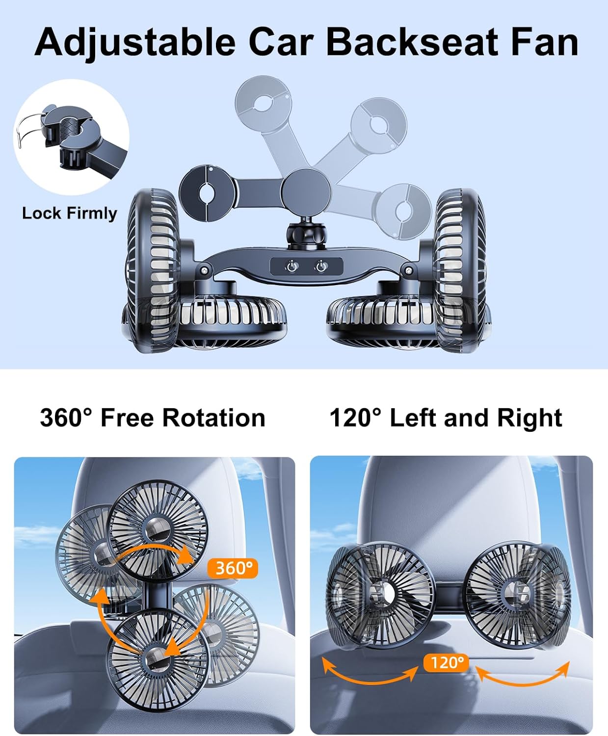 Auto Ventilator für Rücksitz, 360° drehbarer Autositzventilator, 3 Geschwindigkeiten separat steuerbarer Fahrzeuglüfter, USB-Autolüfter für alle Fahrzeuge, SUV und LKW
