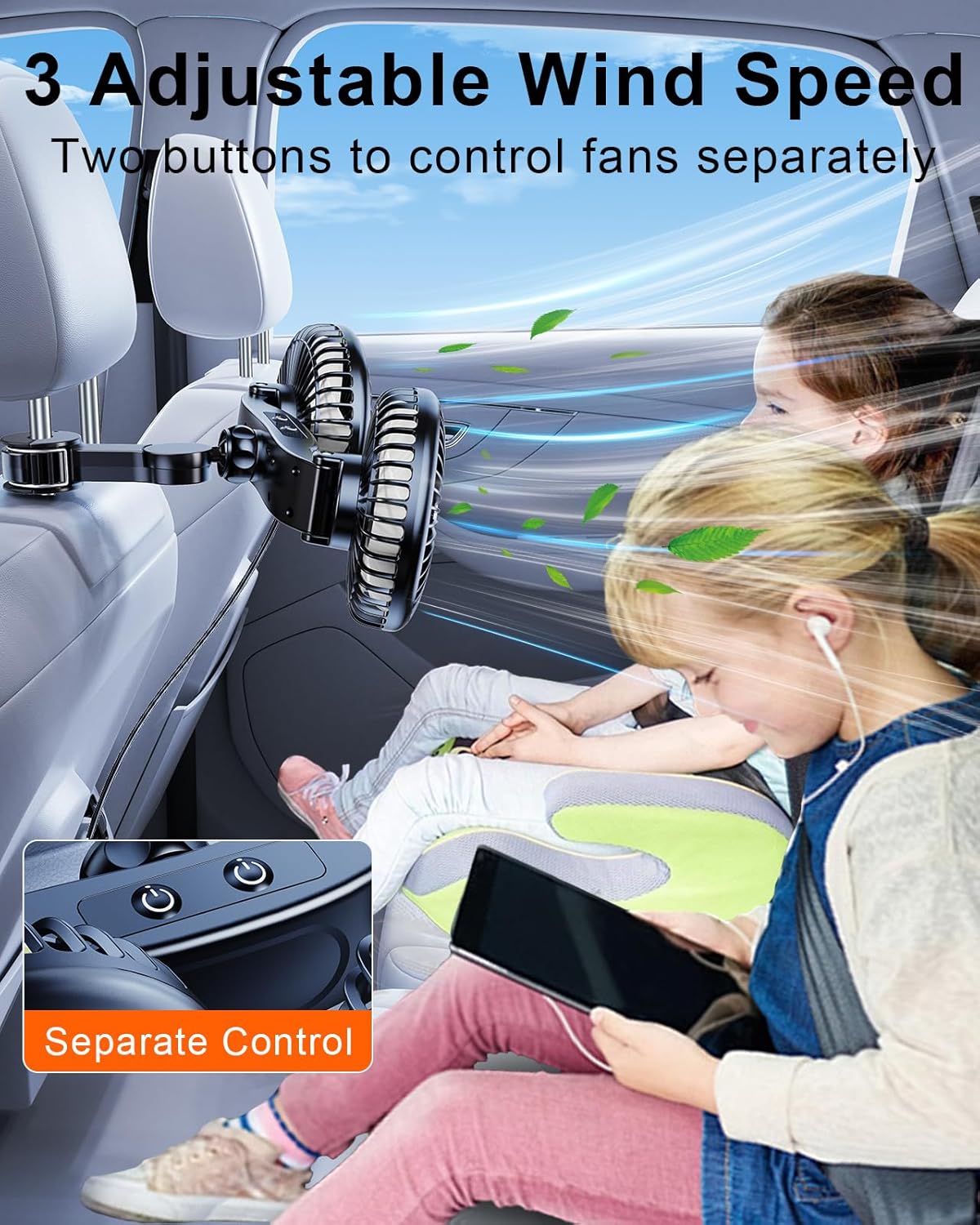 Auto Ventilator für Rücksitz, 360° drehbarer Autositzventilator, 3 Geschwindigkeiten separat steuerbarer Fahrzeuglüfter, USB-Autolüfter für alle Fahrzeuge, SUV und LKW