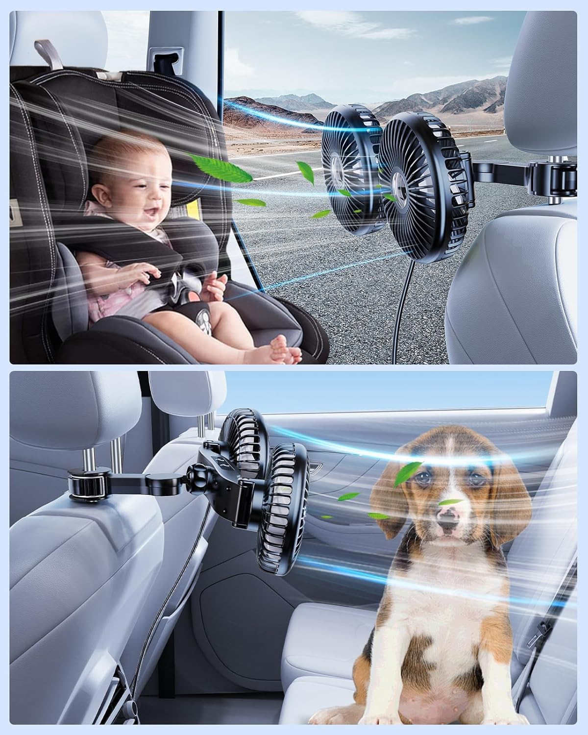 Auto Ventilator für Rücksitz, 360° drehbarer Autositzventilator, 3 Geschwindigkeiten separat steuerbarer Fahrzeuglüfter, USB-Autolüfter für alle Fahrzeuge, SUV und LKW