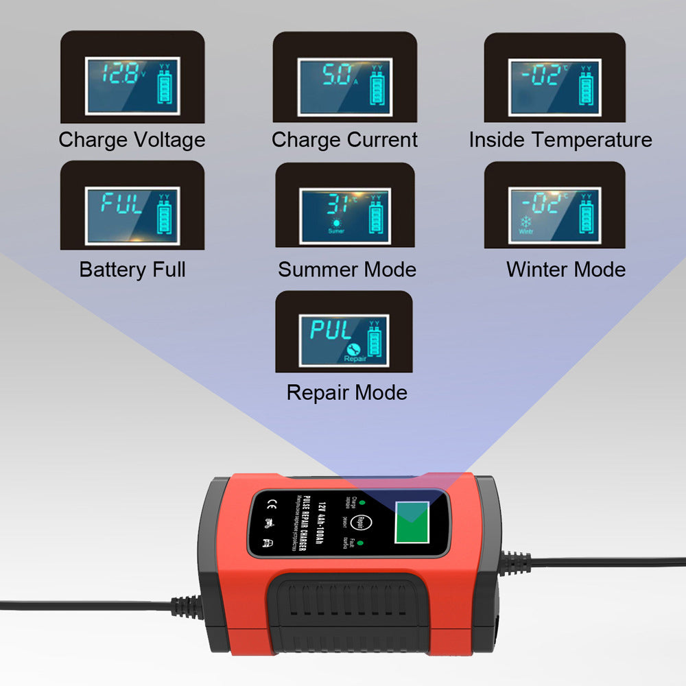 12V 6A Auto-Motorrad-Batterie-Ladegerät, Intelligentes Multifunktions-Reparatur-Batterie-Ladegerät mit Temperatur-Erkennung für Blei-Säure-AGM-Gel-Tiefzyklus-Batterien
