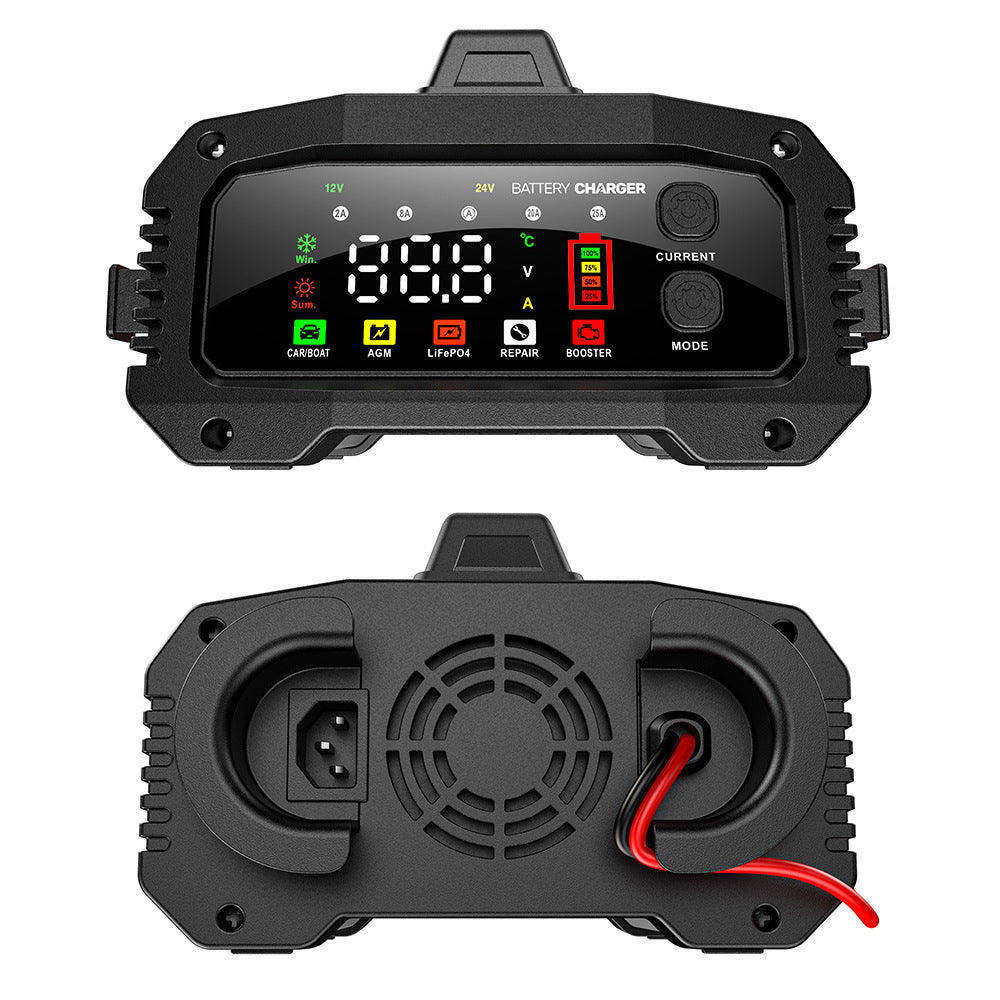 25A Autobatterieladegerät, 12V25A 24V 15A Blei-Säure AGM LiFePO4 Batterieladegerät, Fahrzeugladegerät, intelligentes Batterieladegerät für Autos, LKWs, Motorräder, Rasenmäher
