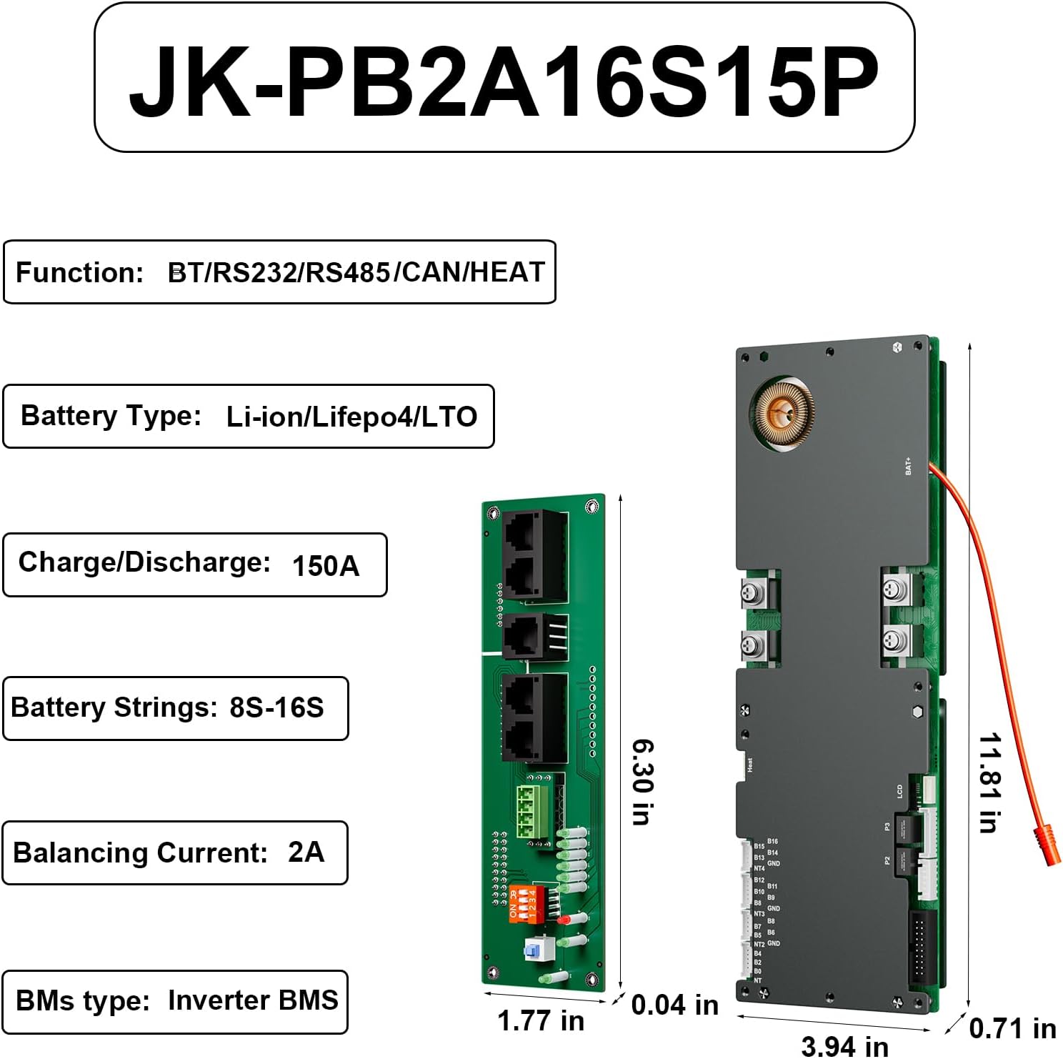 BMS 8S-16S 24V-48V 100A/150A Heimenergiespeicher BMS 1A/2A Aktive Balance Integriertes Bluetooth mit RS485 CAN für Solarsystem