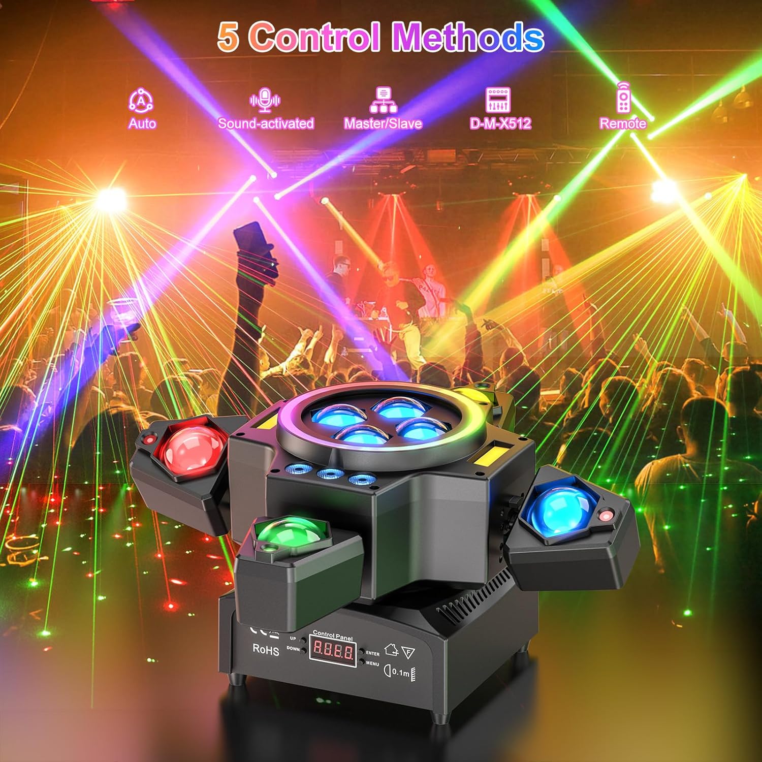 Luz de escenario 4 en 1 RGBW de 120W, efecto de iluminación Moving Head, luz láser, foco para fiesta con mando a distancia para discoteca, DJ, bar y cumpleaños