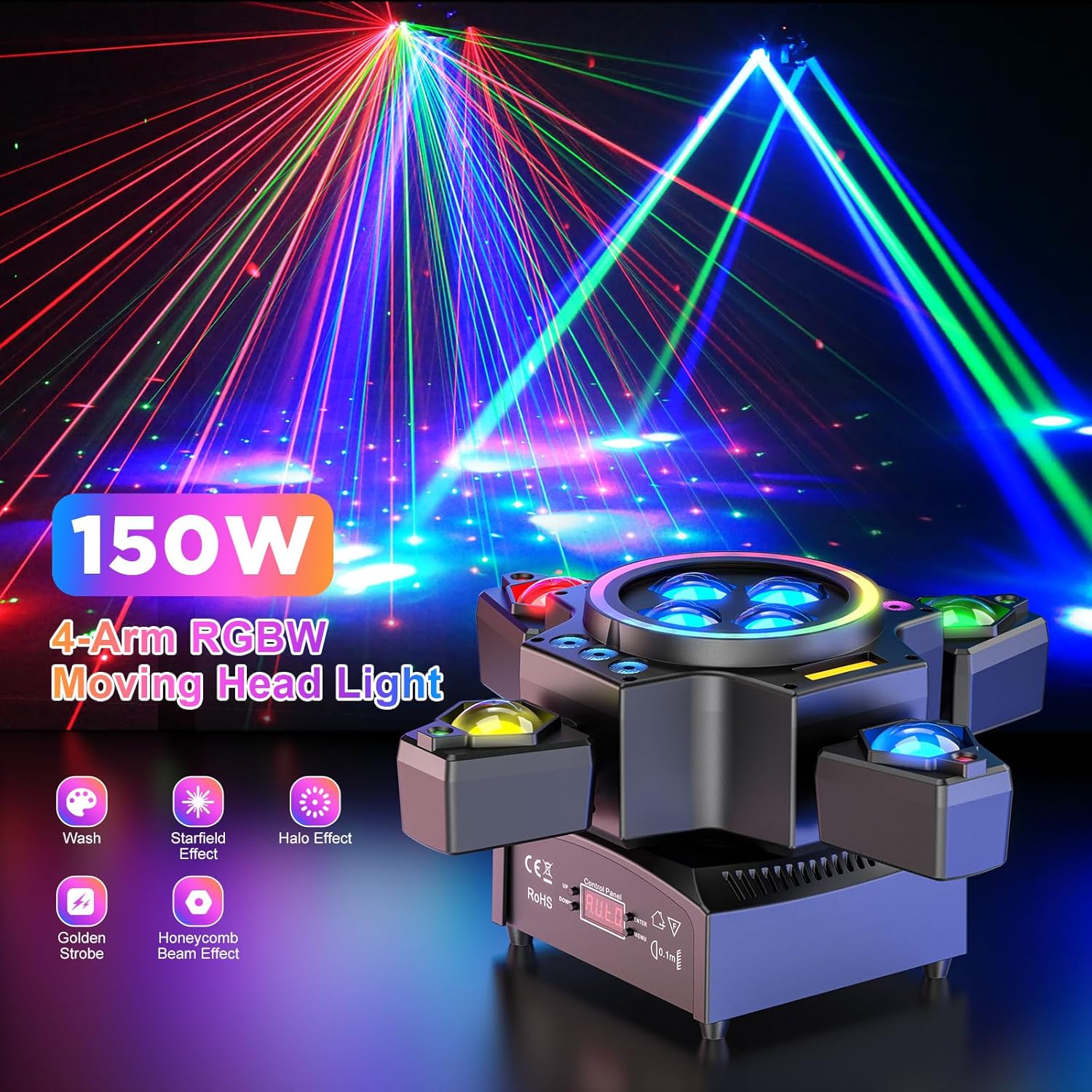 Luz de escenario 4 en 1 RGBW de 120W, efecto de iluminación Moving Head, luz láser, foco para fiesta con mando a distancia para discoteca, DJ, bar y cumpleaños