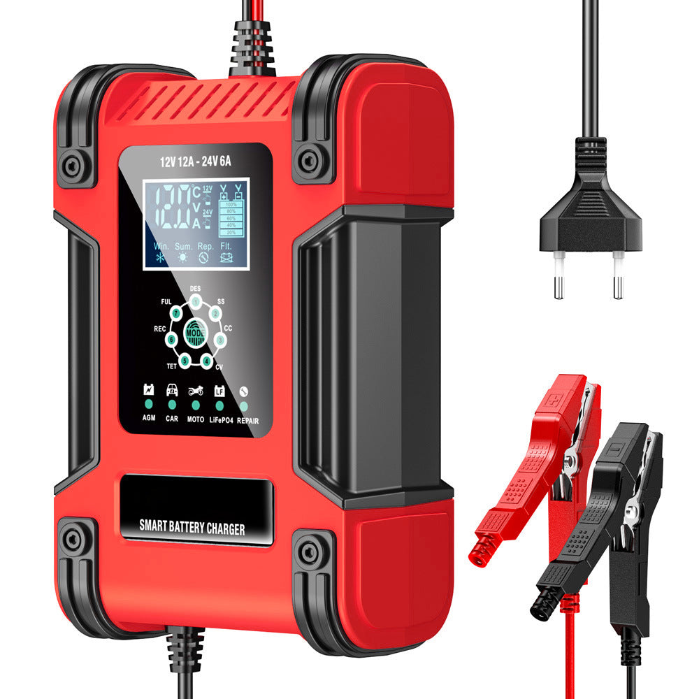 Autobatterieladegerät, 12V 12A 24V 6A Blei-Säure-AGM-LiFePO4-Batterieladegerät, Fahrzeugladegerät, 7-stufiges intelligentes Batterieladegerät mit LED-Anzeige für Autos, LKWs, Motorräder, Rasenmäher