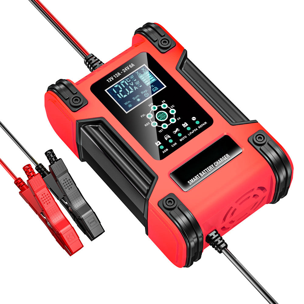 Autobatterieladegerät, 12V 12A 24V 6A Blei-Säure-AGM-LiFePO4-Batterieladegerät, Fahrzeugladegerät, 7-stufiges intelligentes Batterieladegerät mit LED-Anzeige für Autos, LKWs, Motorräder, Rasenmäher