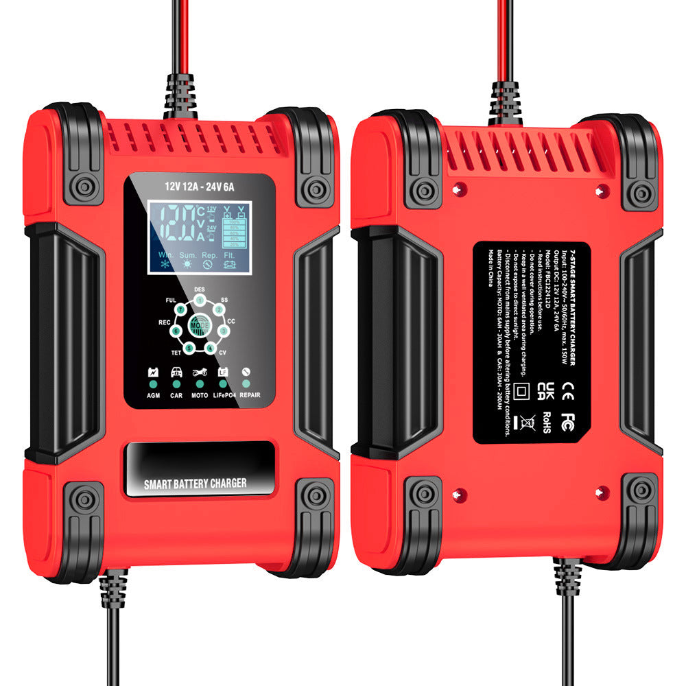 Autobatterieladegerät, 12V 12A 24V 6A Blei-Säure-AGM-LiFePO4-Batterieladegerät, Fahrzeugladegerät, 7-stufiges intelligentes Batterieladegerät mit LED-Anzeige für Autos, LKWs, Motorräder, Rasenmäher