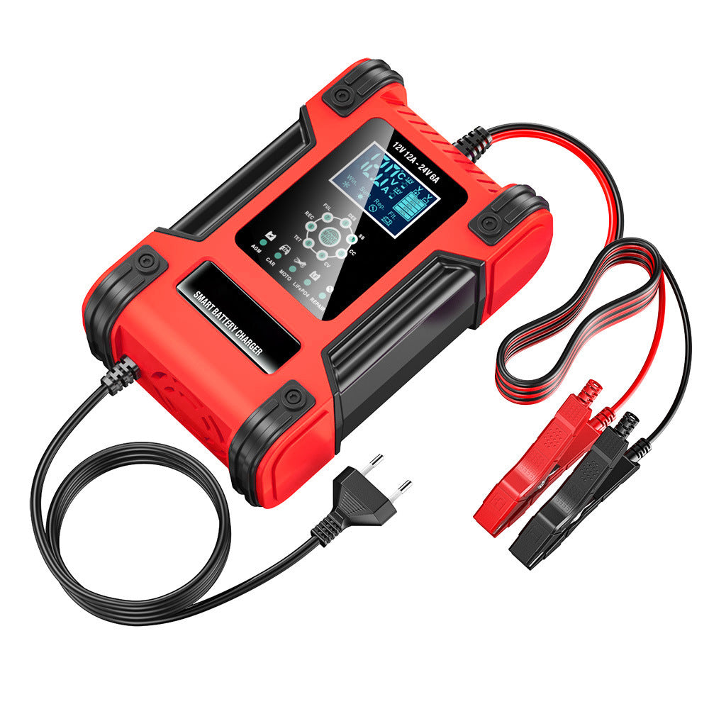 Autobatterieladegerät, 12V 12A 24V 6A Blei-Säure-AGM-LiFePO4-Batterieladegerät, Fahrzeugladegerät, 7-stufiges intelligentes Batterieladegerät mit LED-Anzeige für Autos, LKWs, Motorräder, Rasenmäher