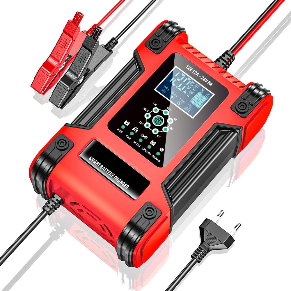 Autobatterieladegerät, 12V 12A 24V 6A Blei-Säure-AGM-LiFePO4-Batterieladegerät, Fahrzeugladegerät, 7-stufiges intelligentes Batterieladegerät mit LED-Anzeige für Autos, LKWs, Motorräder, Rasenmäher