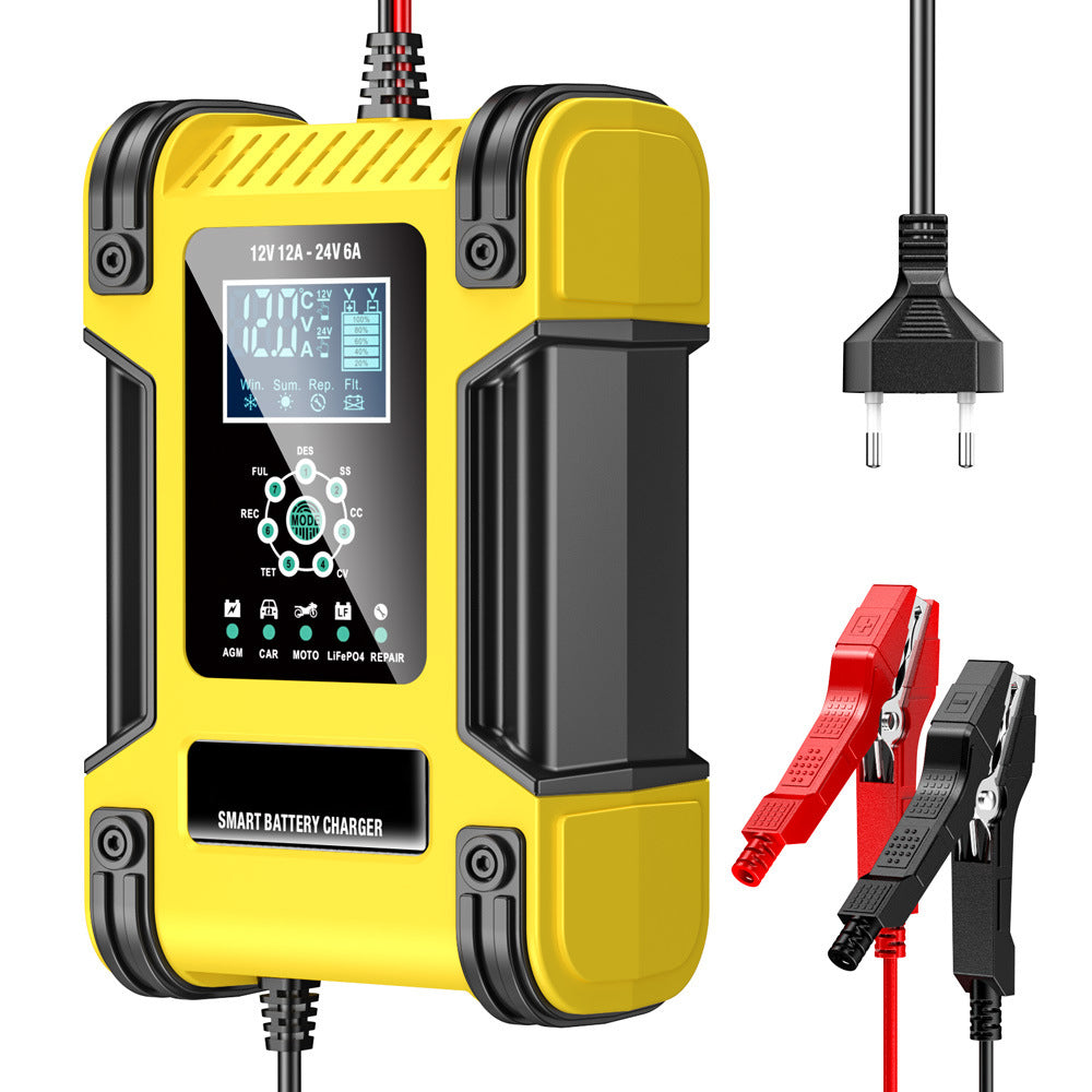 Autobatterieladegerät, 12V 12A 24V 6A Blei-Säure-AGM-LiFePO4-Batterieladegerät, Fahrzeugladegerät, 7-stufiges intelligentes Batterieladegerät mit LED-Anzeige für Autos, LKWs, Motorräder, Rasenmäher