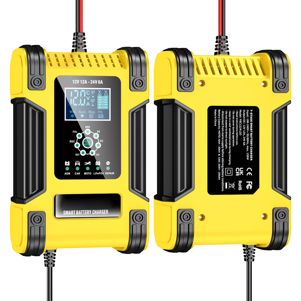 Autobatterieladegerät, 12V 12A 24V 6A Blei-Säure-AGM-LiFePO4-Batterieladegerät, Fahrzeugladegerät, 7-stufiges intelligentes Batterieladegerät mit LED-Anzeige für Autos, LKWs, Motorräder, Rasenmäher