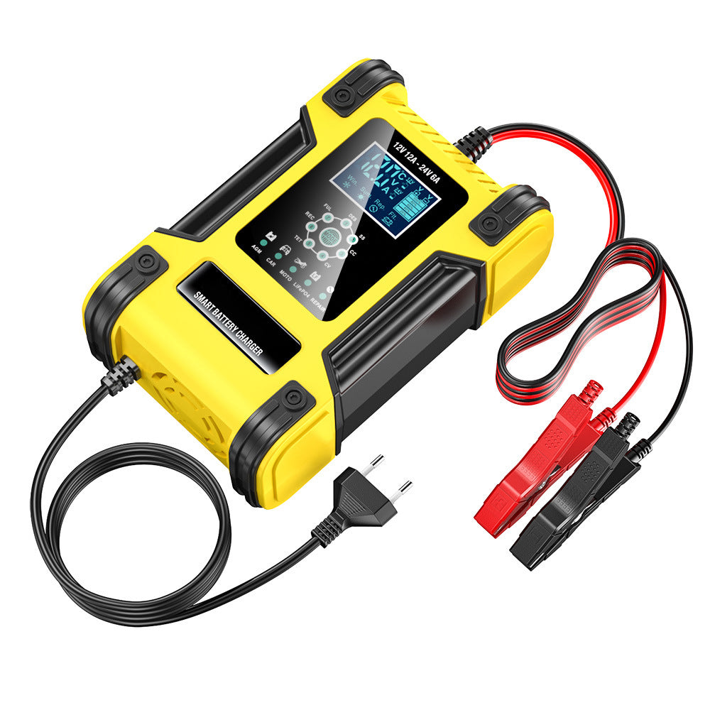 Autobatterieladegerät, 12V 12A 24V 6A Blei-Säure-AGM-LiFePO4-Batterieladegerät, Fahrzeugladegerät, 7-stufiges intelligentes Batterieladegerät mit LED-Anzeige für Autos, LKWs, Motorräder, Rasenmäher