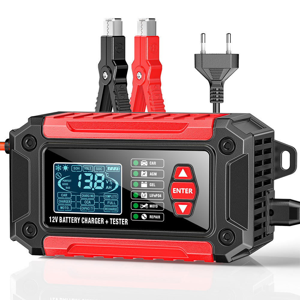 2-in-1-Autobatterieladegerät und -tester, 12V-Blei-Säure-AGM-LiFePO4-Batterieladegerät, Fahrzeugladegerät, intelligenter Batterietester für Autos, LKWs, Motorräder, Rasenmäher
