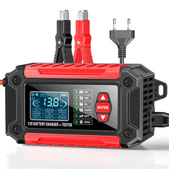2-in-1-Autobatterieladegerät und -tester, 12V-Blei-Säure-AGM-LiFePO4-Batterieladegerät, Fahrzeugladegerät, intelligenter Batterietester für Autos, LKWs, Motorräder, Rasenmäher