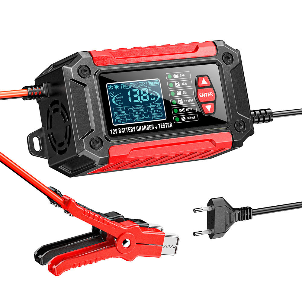 2-in-1-Autobatterieladegerät und -tester, 12V-Blei-Säure-AGM-LiFePO4-Batterieladegerät, Fahrzeugladegerät, intelligenter Batterietester für Autos, LKWs, Motorräder, Rasenmäher