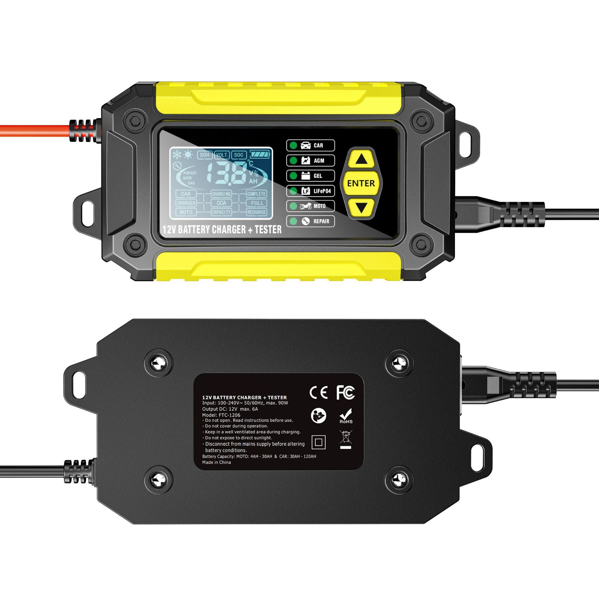 2-in-1-Autobatterieladegerät und -tester, 12V-Blei-Säure-AGM-LiFePO4-Batterieladegerät, Fahrzeugladegerät, intelligenter Batterietester für Autos, LKWs, Motorräder, Rasenmäher