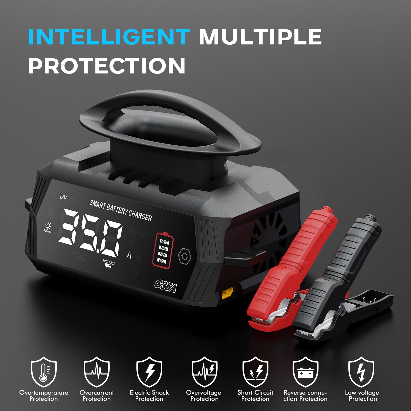 NOEIFEVO 6V 10A/12V 35A/24V 18A Universal-Autobatterieladegerät für Lithium Lifepo4 Blei-Säure AGM Nassbatterien, 9-stufiger Smart Charge Maintainer mit 3 Stromregelungen