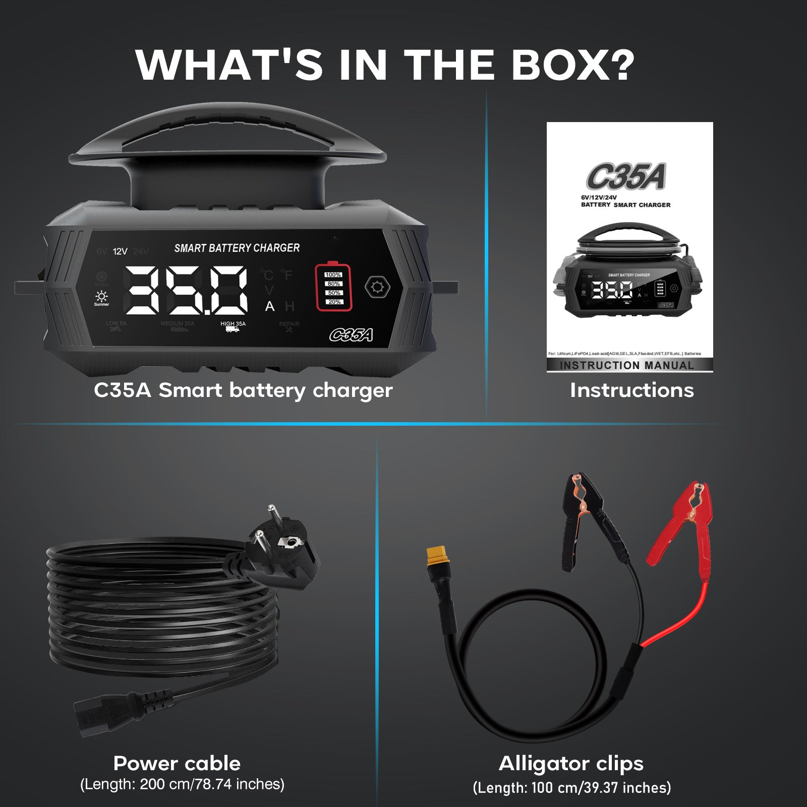 NOEIFEVO 6V 10A/12V 35A/24V 18A Universal-Autobatterieladegerät für Lithium Lifepo4 Blei-Säure AGM Nassbatterien, 9-stufiger Smart Charge Maintainer mit 3 Stromregelungen
