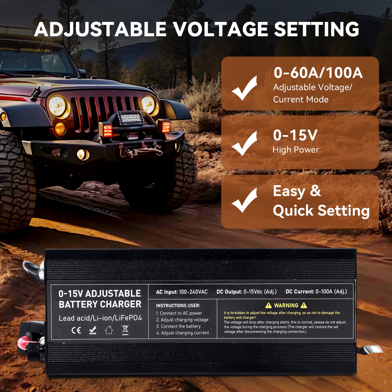 NOEIFEVO 3,7V 6V 12V Lithium/LiFePO4 / Blei-Säure-Universal-Batterieladegerät, einstellbarer Spannungs- und Strombereich 0–15 V 1–100 A, 4,2 V 12,6 V 14,6 V Auto-, Boot- und Wohnmobil-Batterieladegerät