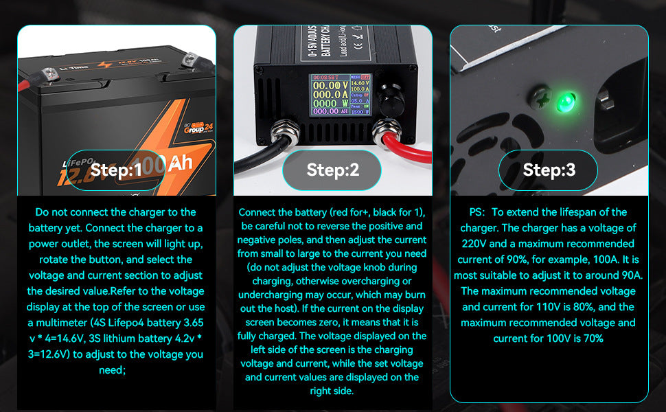 NOEIFEVO 3,7V 6V 12V Lithium/LiFePO4 / Blei-Säure-Universal-Batterieladegerät, einstellbarer Spannungs- und Strombereich 0–15 V 1–100 A, 4,2 V 12,6 V 14,6 V Auto-, Boot- und Wohnmobil-Batterieladegerät