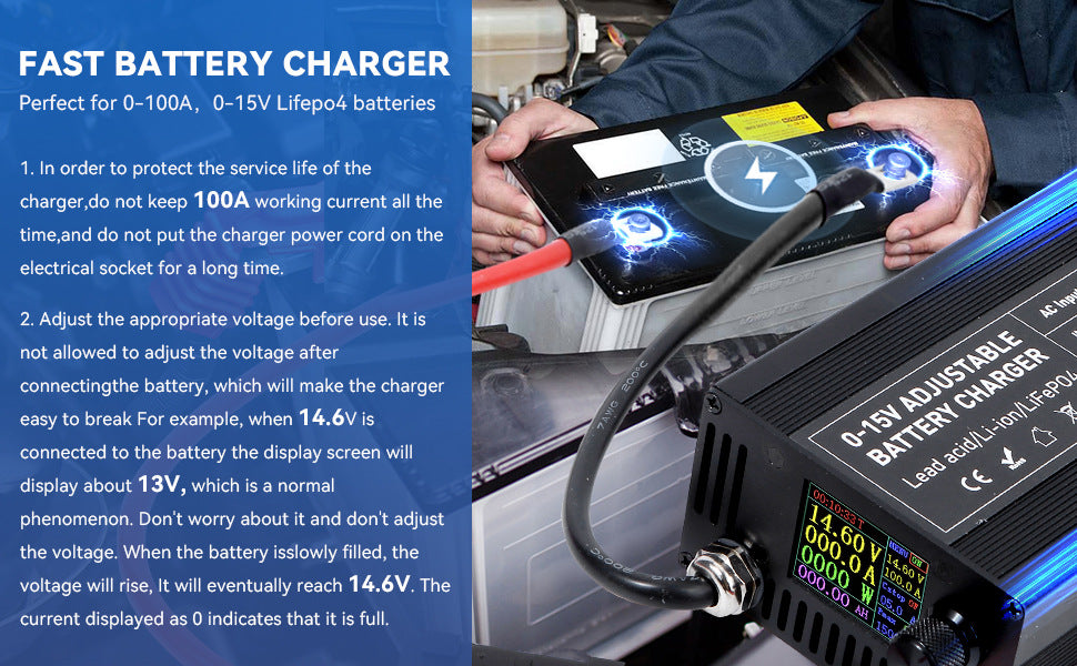 NOEIFEVO 3,7V 6V 12V Lithium/LiFePO4 / Blei-Säure-Universal-Batterieladegerät, einstellbarer Spannungs- und Strombereich 0–15 V 1–100 A, 4,2 V 12,6 V 14,6 V Auto-, Boot- und Wohnmobil-Batterieladegerät