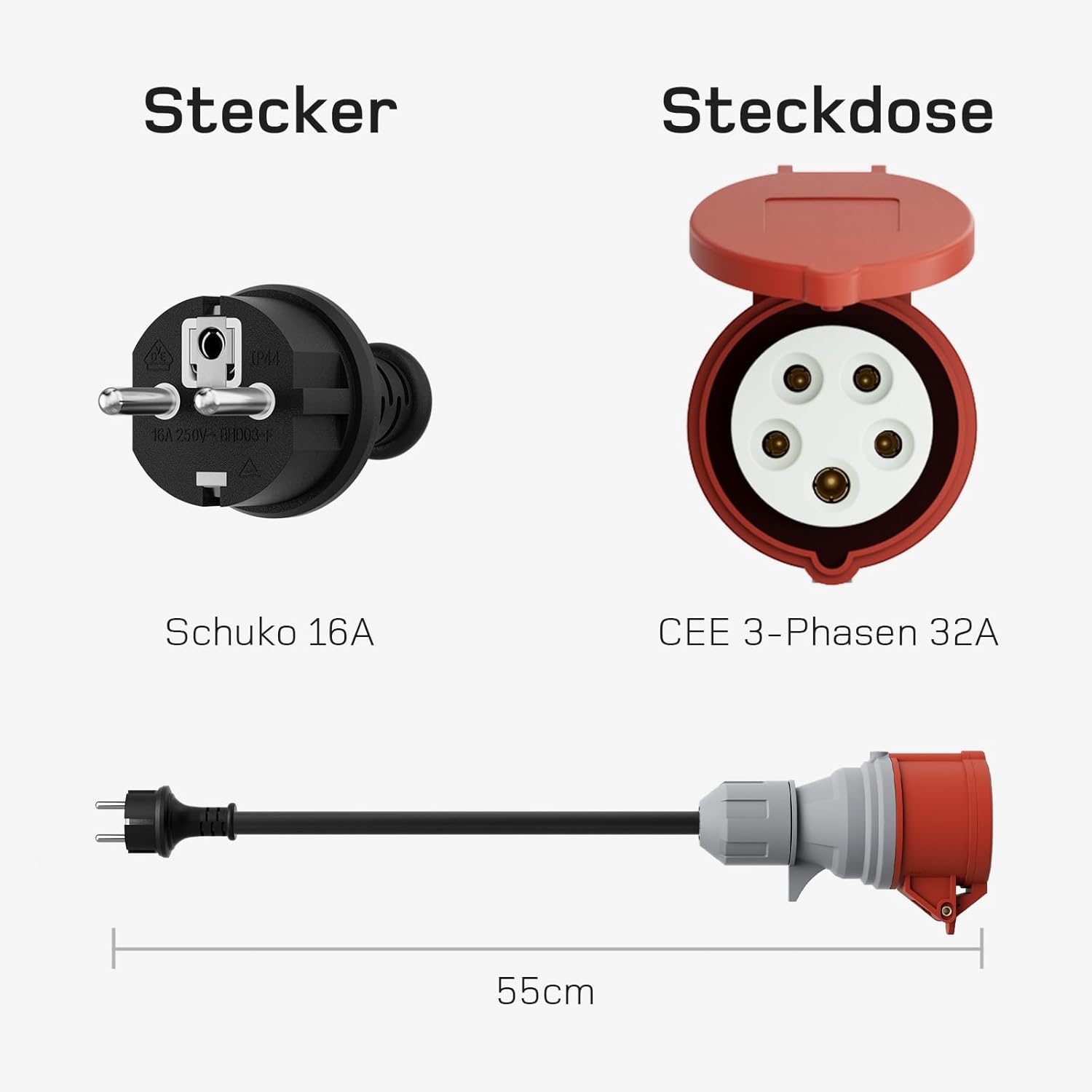 CEE 32A 5 Pin Buchse zu EU Schuko Stecker, Schuko Adapter für 22KW 16A 3 Phase EV Ladegerät