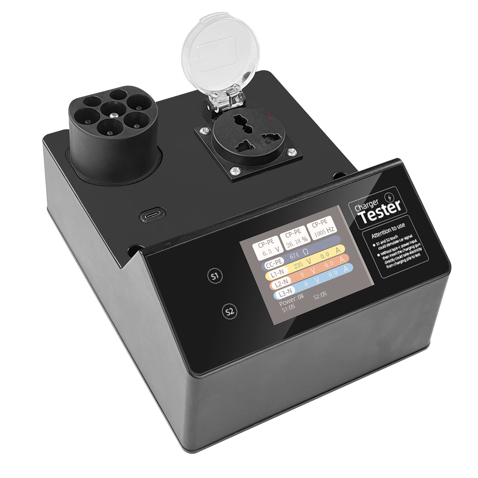 Typ-2 EV-Ladestation Tester mit LED-Anzeige – 32A Kurzzeit-Belastung, S1/S2 Fahrzeugsignal-Simulation, IP54, für EU-Standard-Ladepunkte