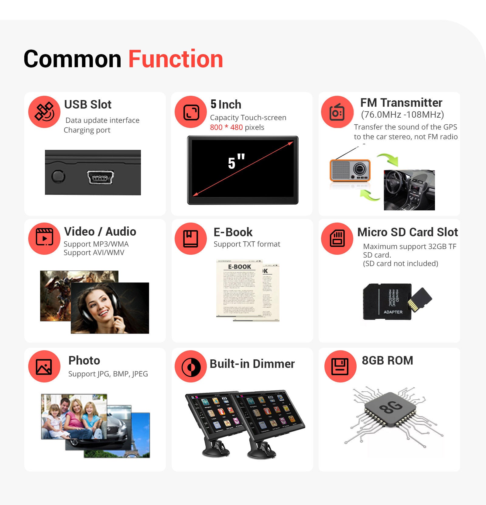 NOEIFEVO Q5 GPS Navigation, 5 Zoll Touchscreen mit Europa-Karten, 8GB 256MB, mehrsprachig, Unterstützung FM, für PKWs/Transporter/LKWs