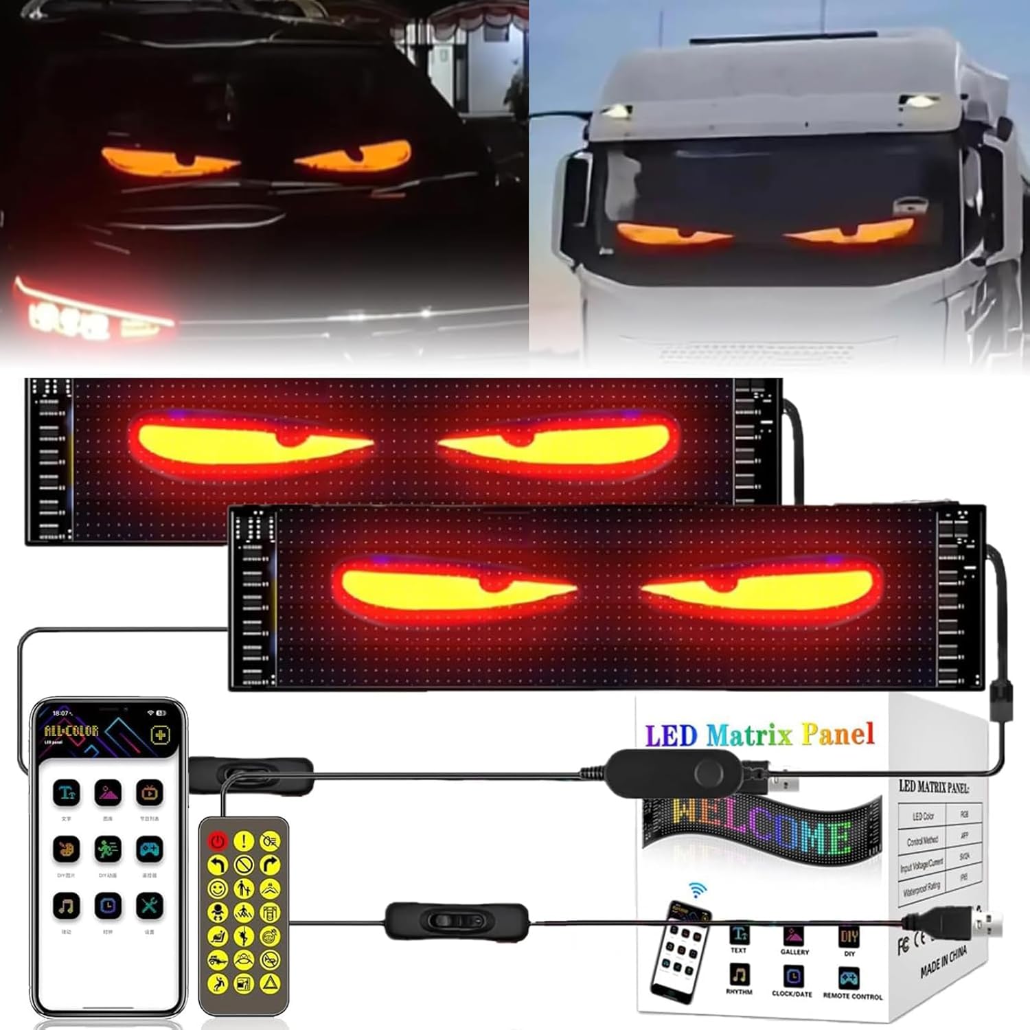 NOEIFEVO Devil Eyes Licht für Autos LED-Augen für LKWs, LED-Anzeige Programmierbare LED-Laufschrift Leuchtschild für Auto, LKW, Text, Graffiti, Smart App, Bluetooth USB 5V