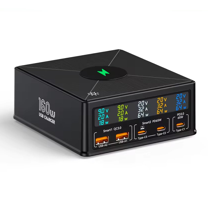 NOEIFEVO 160W 5-port USB charger 15 W wireless charging Station PD 65W QC3.0 Type-C fast charger Compatible with iPhone MacBook Samsung laptop all smart phone electric device