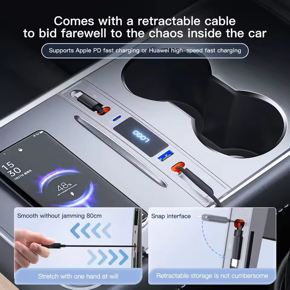 Schnellladegerät für Mittelkonsole – USB-C Lade-Dock & USB Splitter Hub, Kompatibel mit Tesla M3/Y (Highland 2024–2025 & Standard 2021–2024), intelligenter Adapter mit Strom-Verlängerungskabel