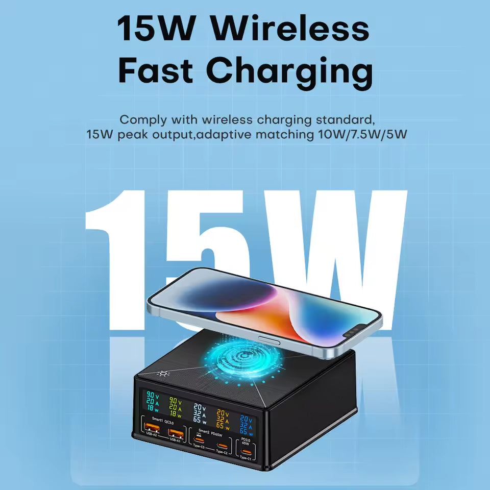 NOEIFEVO 160W 5-port USB charger 15 W wireless charging Station PD 65W QC3.0 Type-C fast charger Compatible with iPhone MacBook Samsung laptop all smart phone electric device