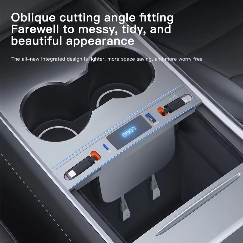 Schnellladegerät für Mittelkonsole – USB-C Lade-Dock & USB Splitter Hub, Kompatibel mit Tesla M3/Y (Highland 2024–2025 & Standard 2021–2024), intelligenter Adapter mit Strom-Verlängerungskabel