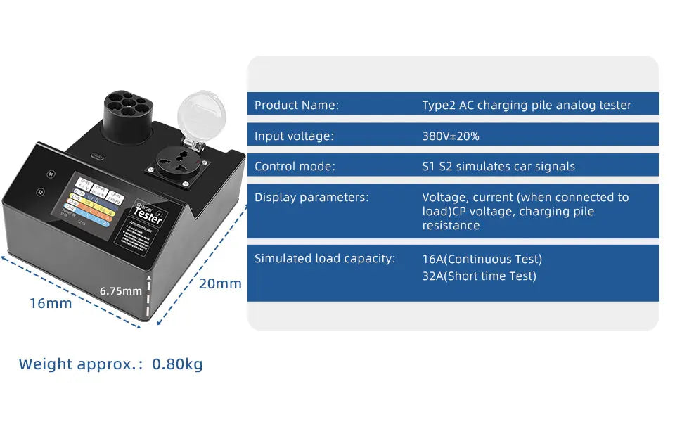 Typ-2 EV-Ladestation Tester mit LED-Anzeige – 32A Kurzzeit-Belastung, S1/S2 Fahrzeugsignal-Simulation, IP54, für EU-Standard-Ladepunkte